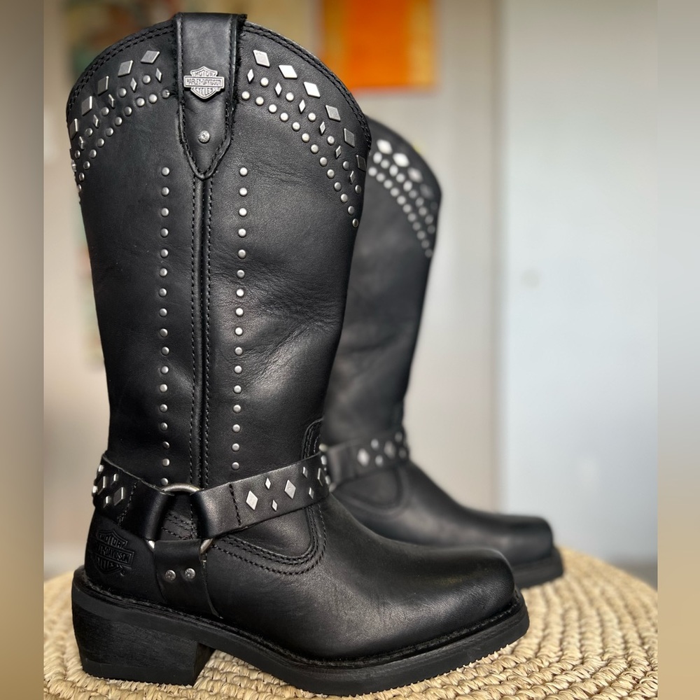 Harley Davidson black leather studded boots